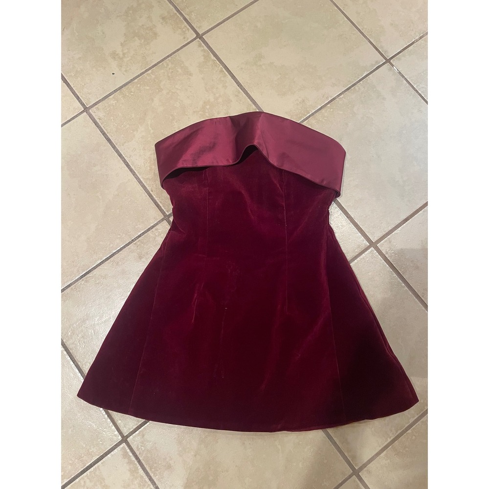Murci Burgundy Velvet Strapless Mini Dress Satin Trim A-Line Cocktail Maroon 6 - Picture 4 of 6
